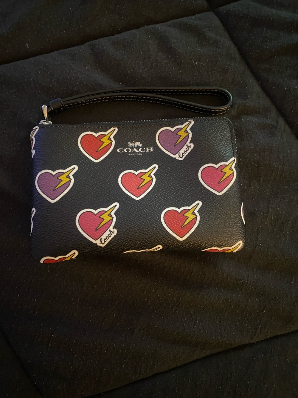 Coach Black Wristlet with Red and Purple Heart Lightning Print